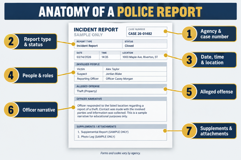 Diagram showing the main sections of a police report, including the case number, people, alleged offense, narrative and attachments