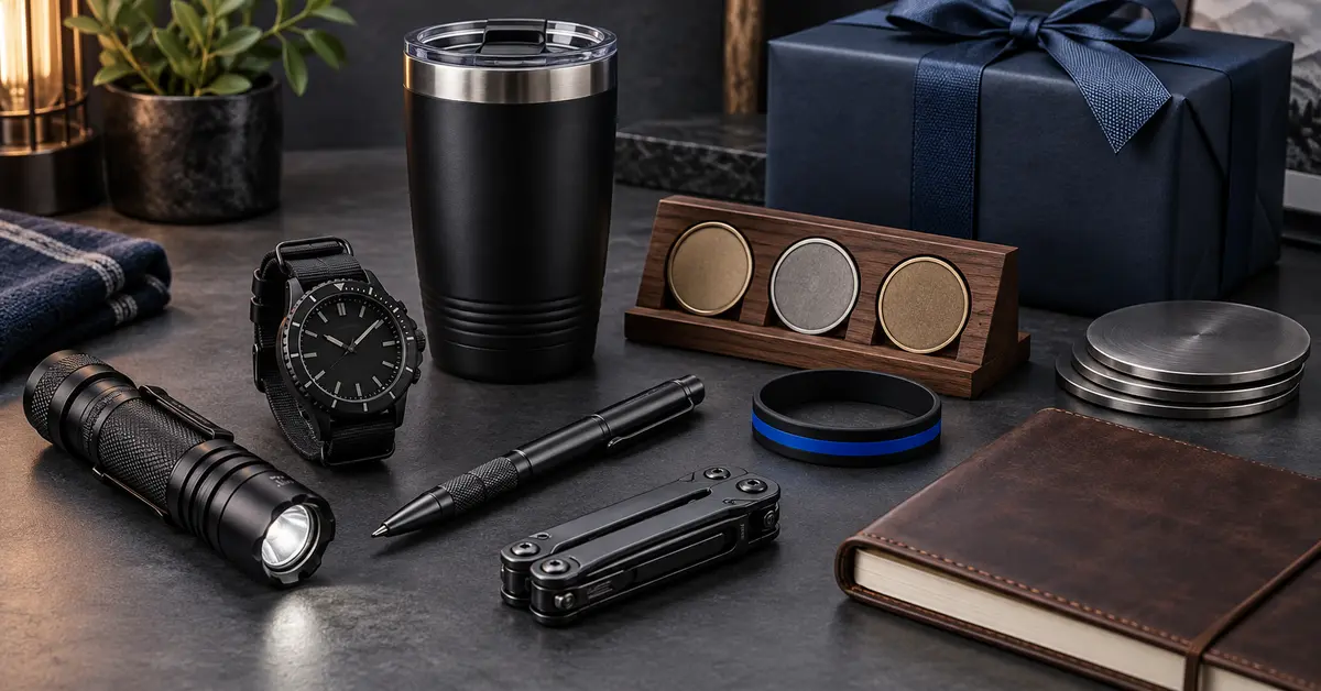 Police gift ideas including a tactical flashlight, field watch, insulated mug, tactical pen, multitool, notebook and coasters