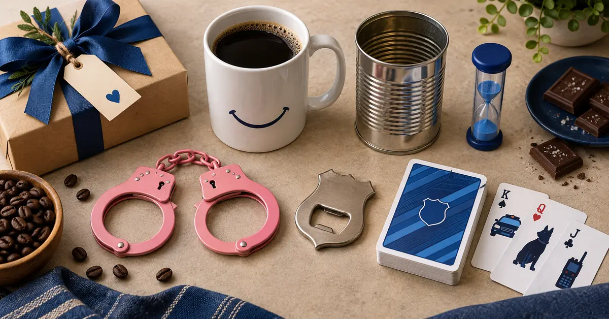 Funny police gift ideas including a coffee mug, novelty can, timer, pink handcuffs, bottle opener, playing cards and chocolates