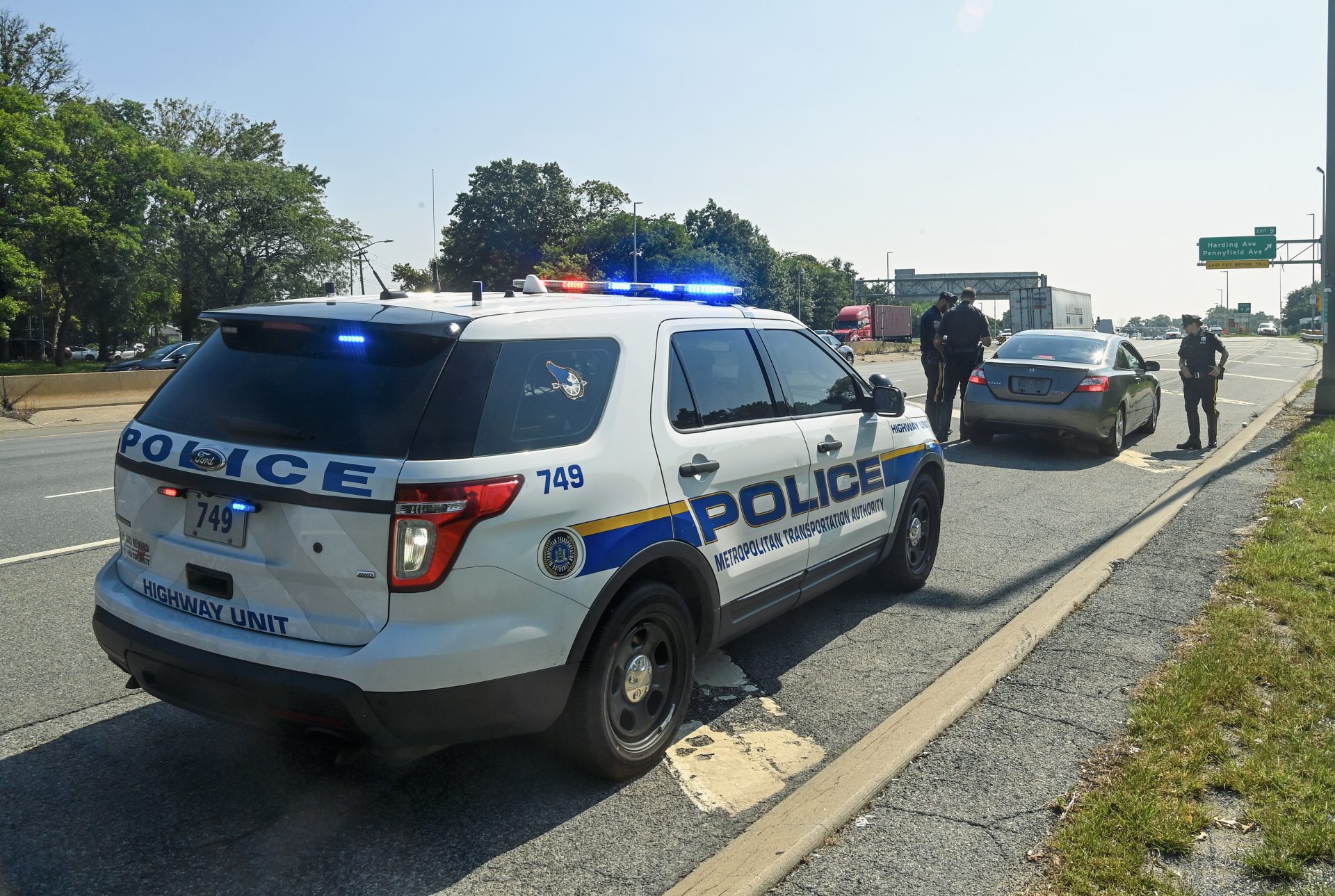 MTA police officer during a traffic stop on a bridge