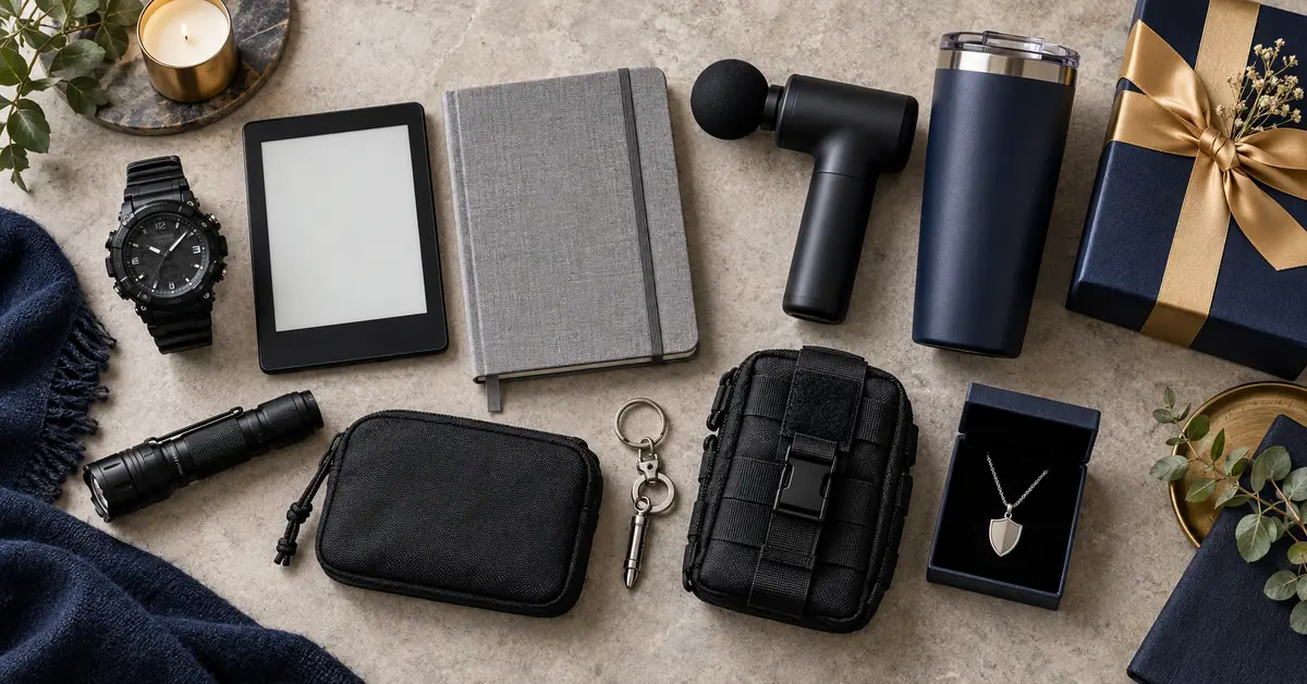 Gift ideas for female police officers including a watch, e-reader, planner, massage device, flashlight, tumbler and pendant