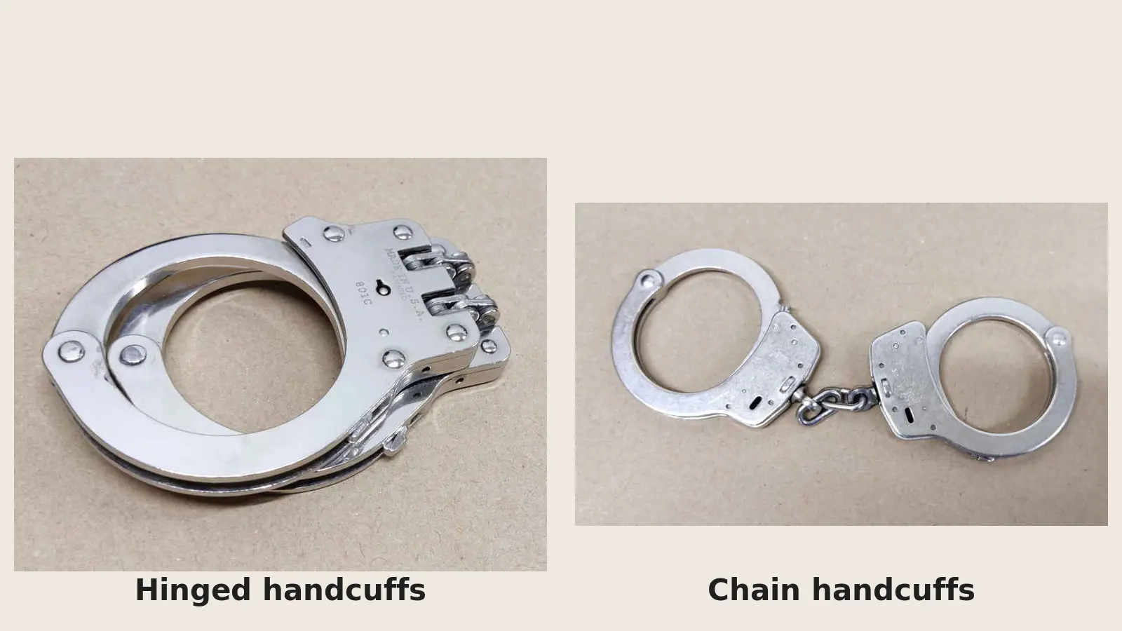 Hinged and chain handcuffs shown side by side for comparison