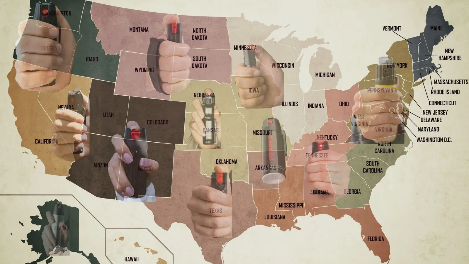 United States map illustrating state-by-state pepper spray laws