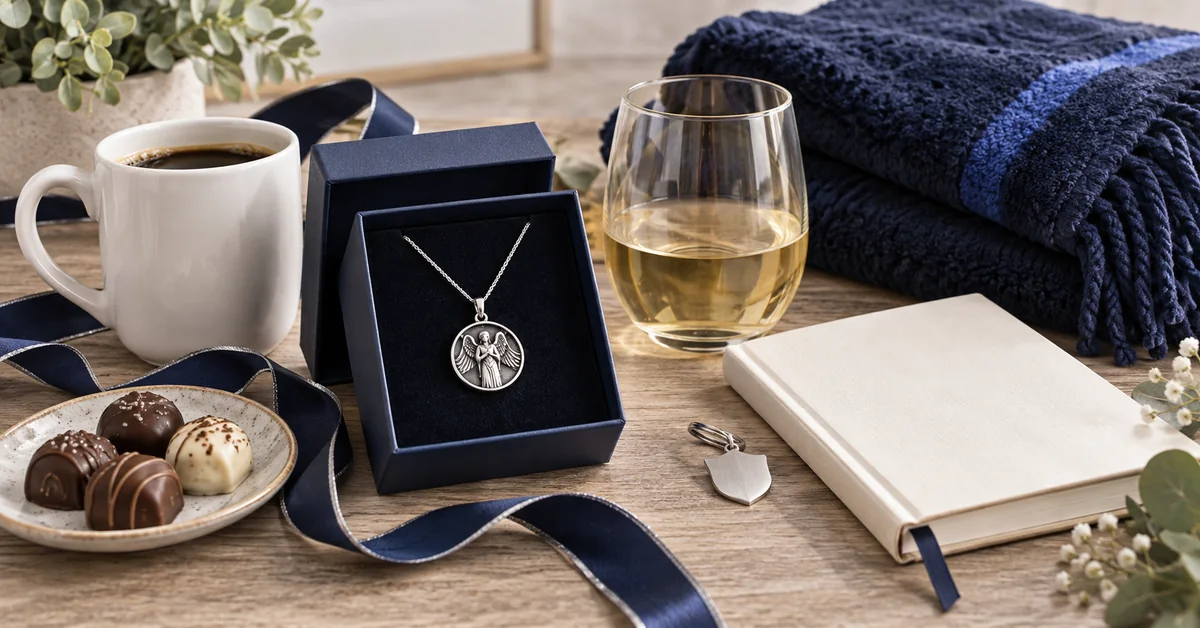 Police wife gift ideas including a necklace, coffee mug, wine glass, blanket, journal and chocolates